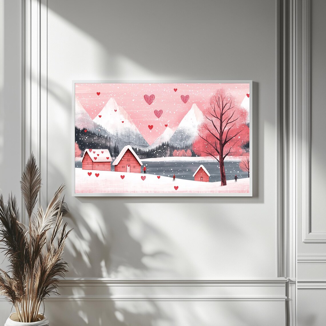 Snowy Lakeside Village Red Cabins Pink Mountains Hearts Wall Art - Image 4
