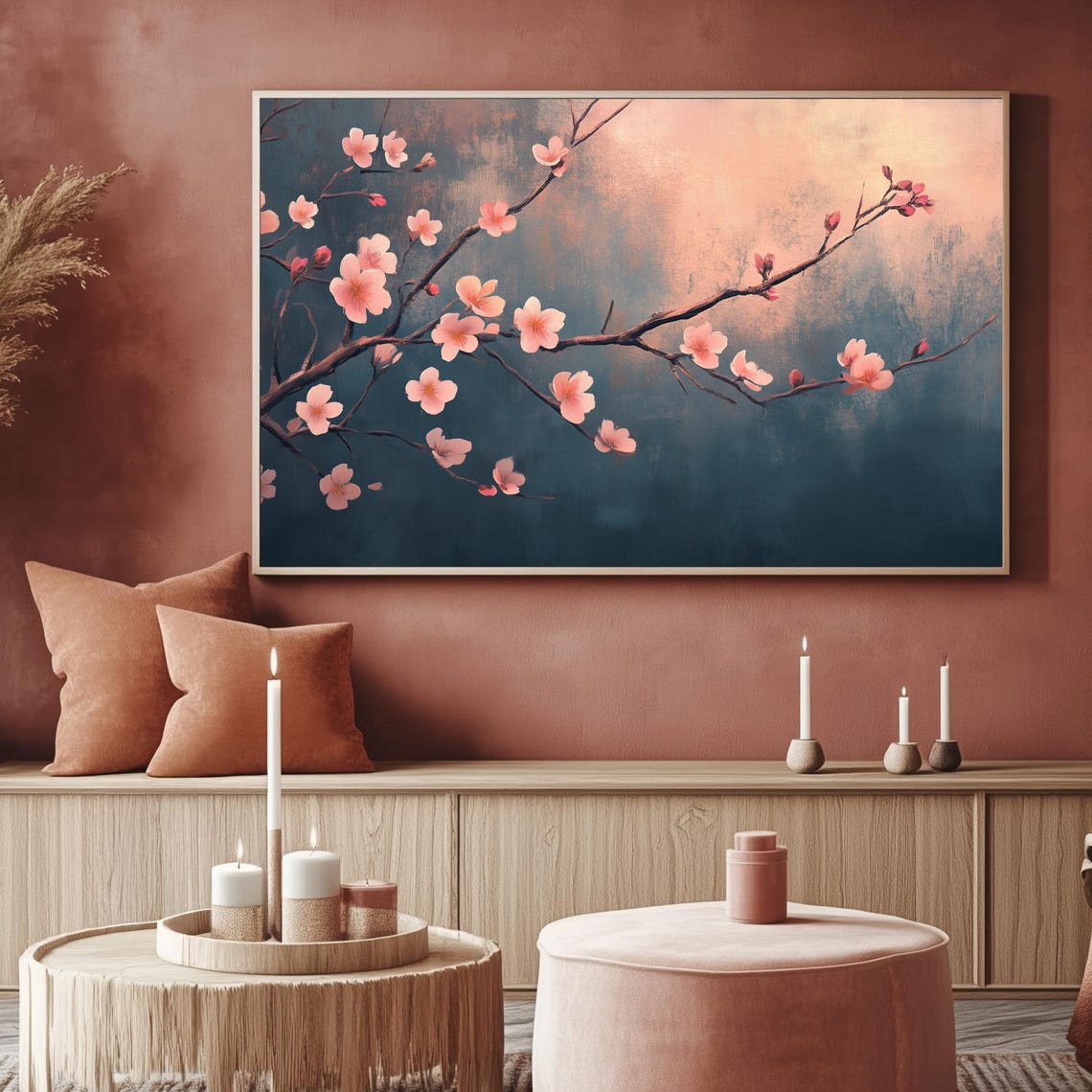 Pink Cherry Blossoms Dark Teal Moody Spring Floral Art TV Poster - Image 2