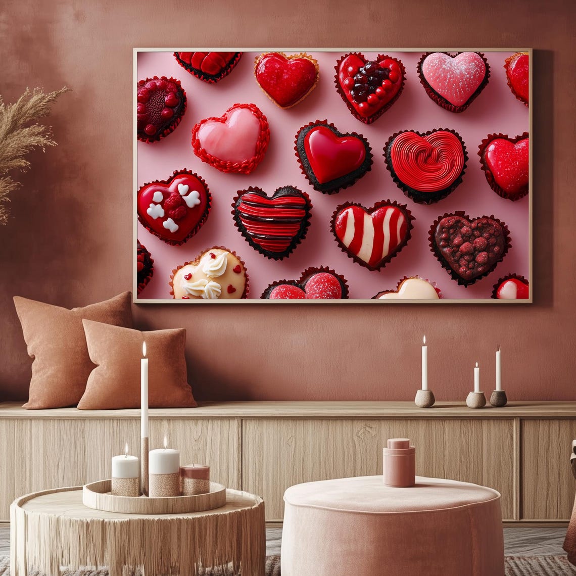 Red Heart Cupcakes Valentines Day Pattern Dessert Art Frame TV Poster - Image 2