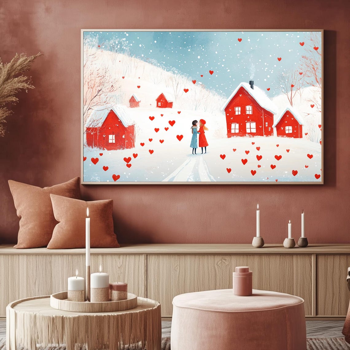 Couple Embracing Snowy Village Red Hearts Valentines Day TV Poster - Image 2