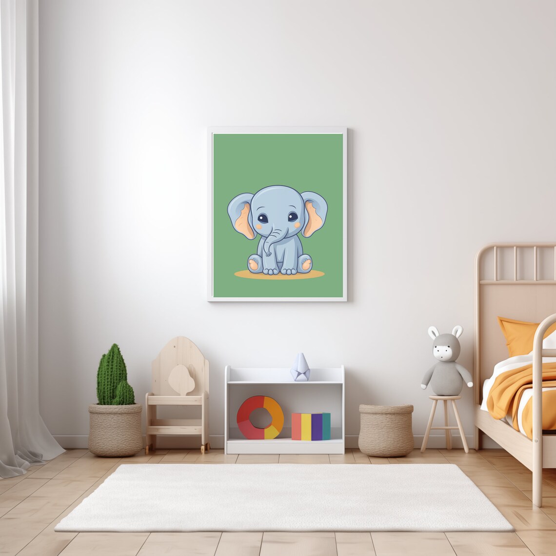 Cute Baby Elephant Cartoon Green Safari Nursery Kids Room Wall Art - Image 5