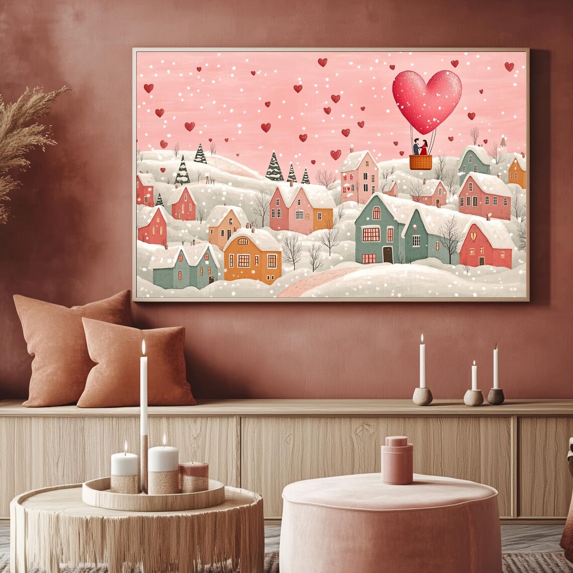 Couple In Heart Hot Air Balloon Over Snowy Village Romantic Poster - Image 2