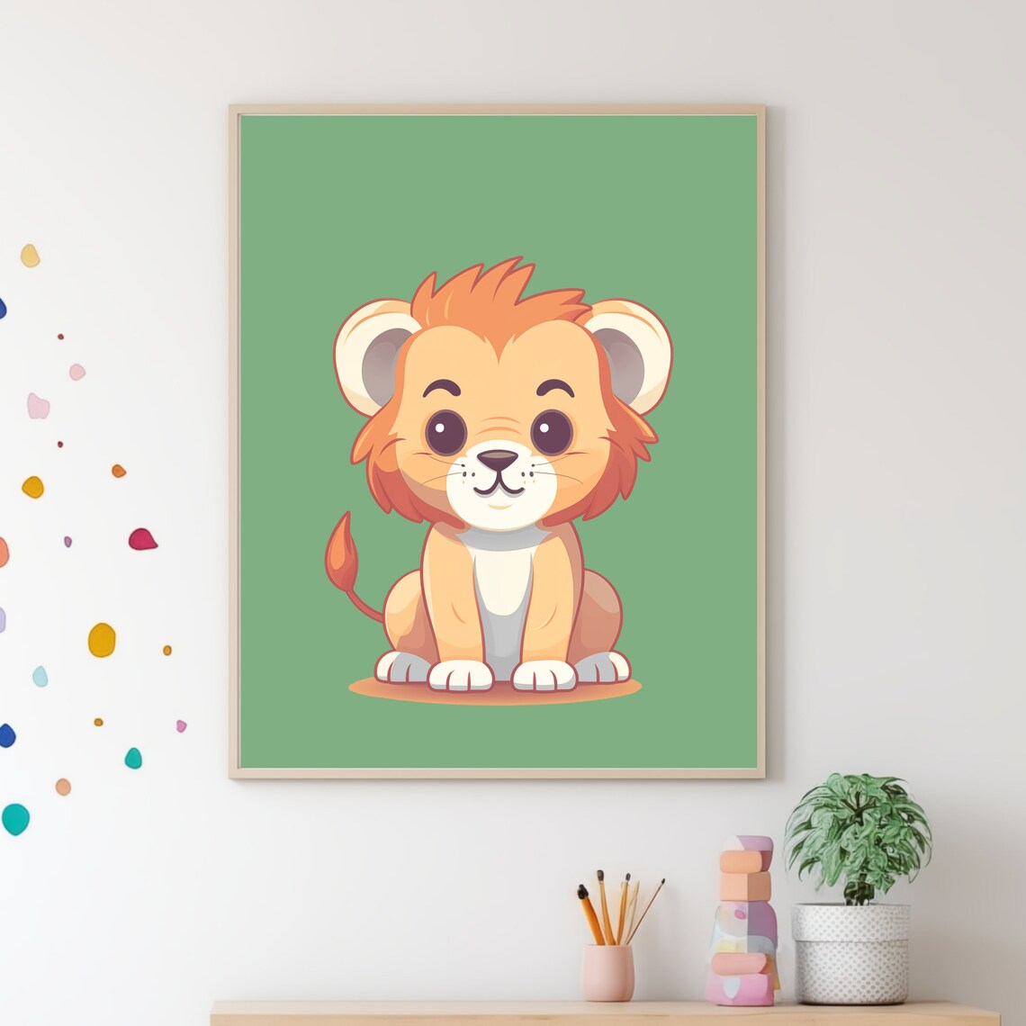 Cute Baby Lion Cartoon Green Safari Nursery Kids Room Decor Poster