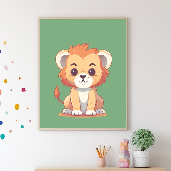 Cute Baby Lion Cartoon Green Safari Nursery Kids Room Decor Poster