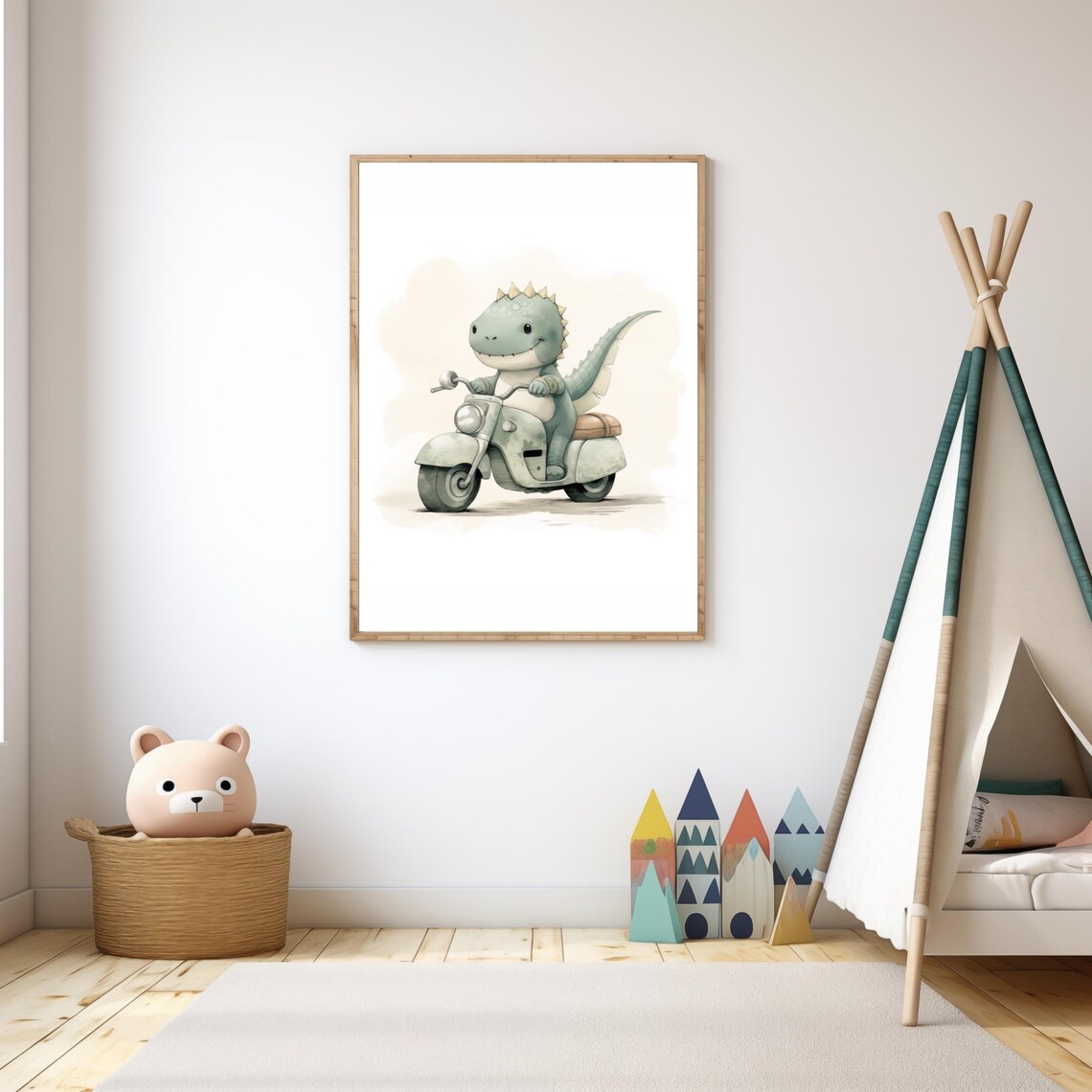 Baby Dinosaur Riding Retro Scooter Watercolor Kids Nursery Wall Art - Image 4