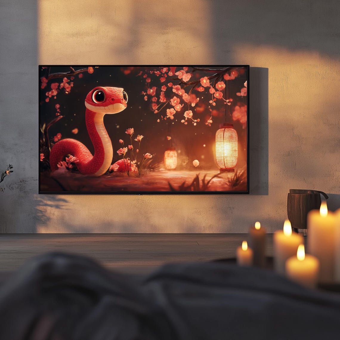Cute Red Snake Cherry Blossoms Lanterns Lunar New Year TV Poster - Image 3