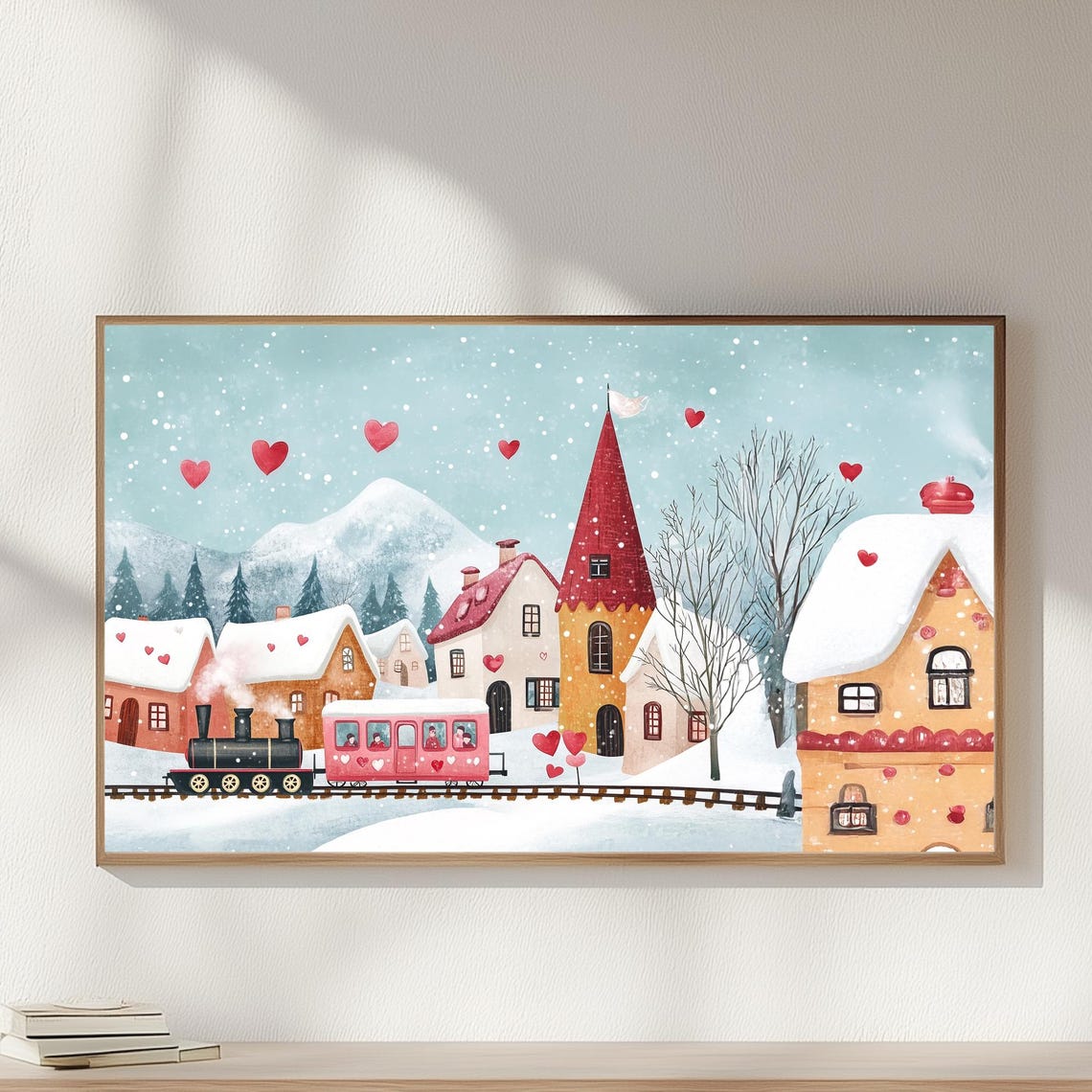 Pink Train With Hearts Passing Snowy Village Mountains Wall Art