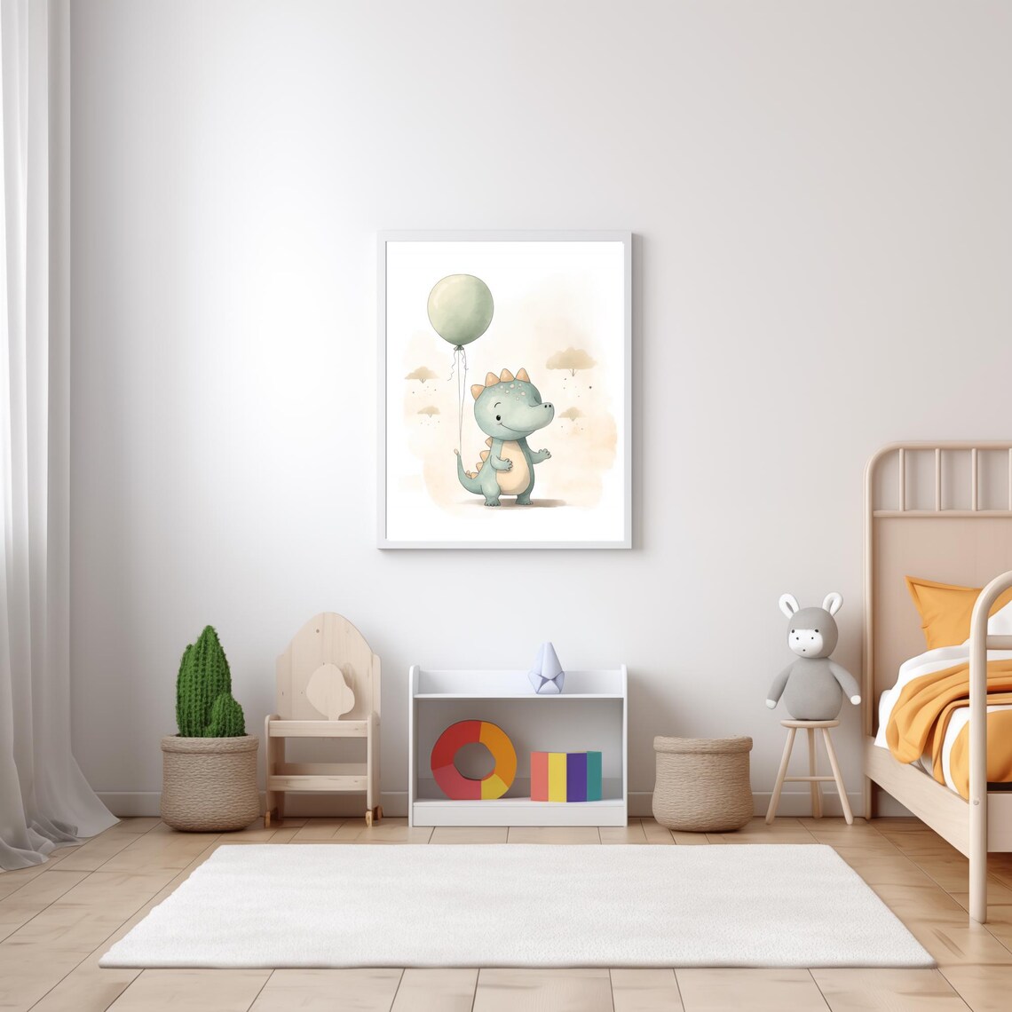 Cute Baby Dinosaur Balloon Watercolor Nursery Kids Room Wall Poster - Image 5