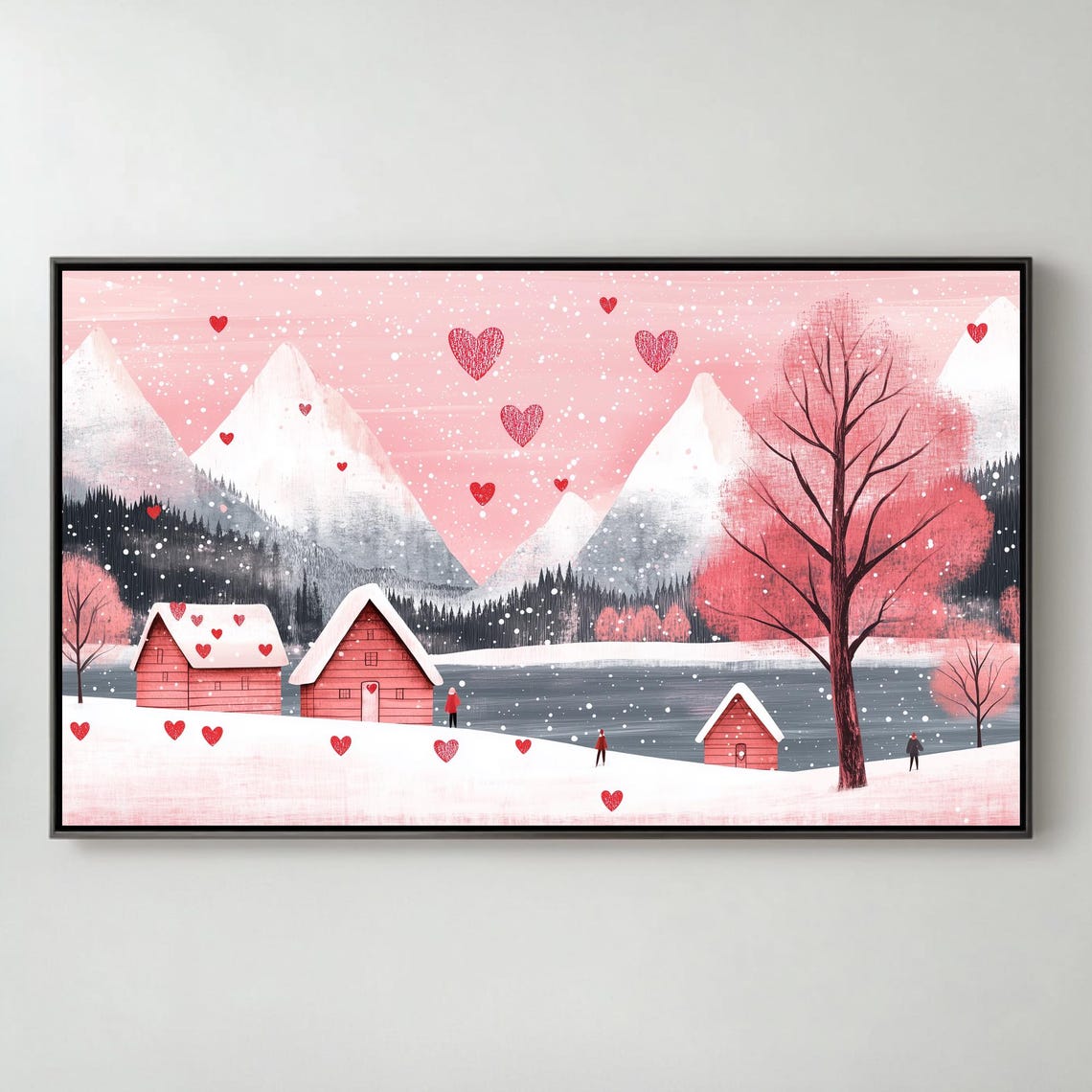 Snowy Lakeside Village Red Cabins Pink Mountains Hearts Wall Art