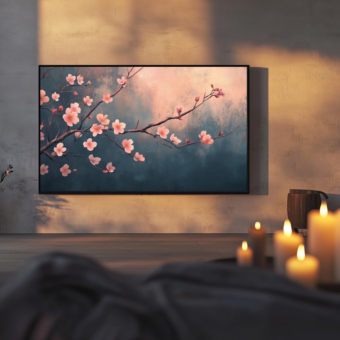 Pink Cherry Blossoms Dark Teal Moody Spring Floral Art TV Poster - Image 3