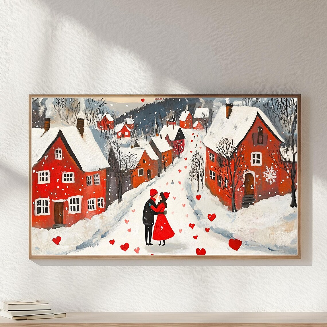 Snowy Village Couple Embrace Red Hearts Winter Romance Painting Print