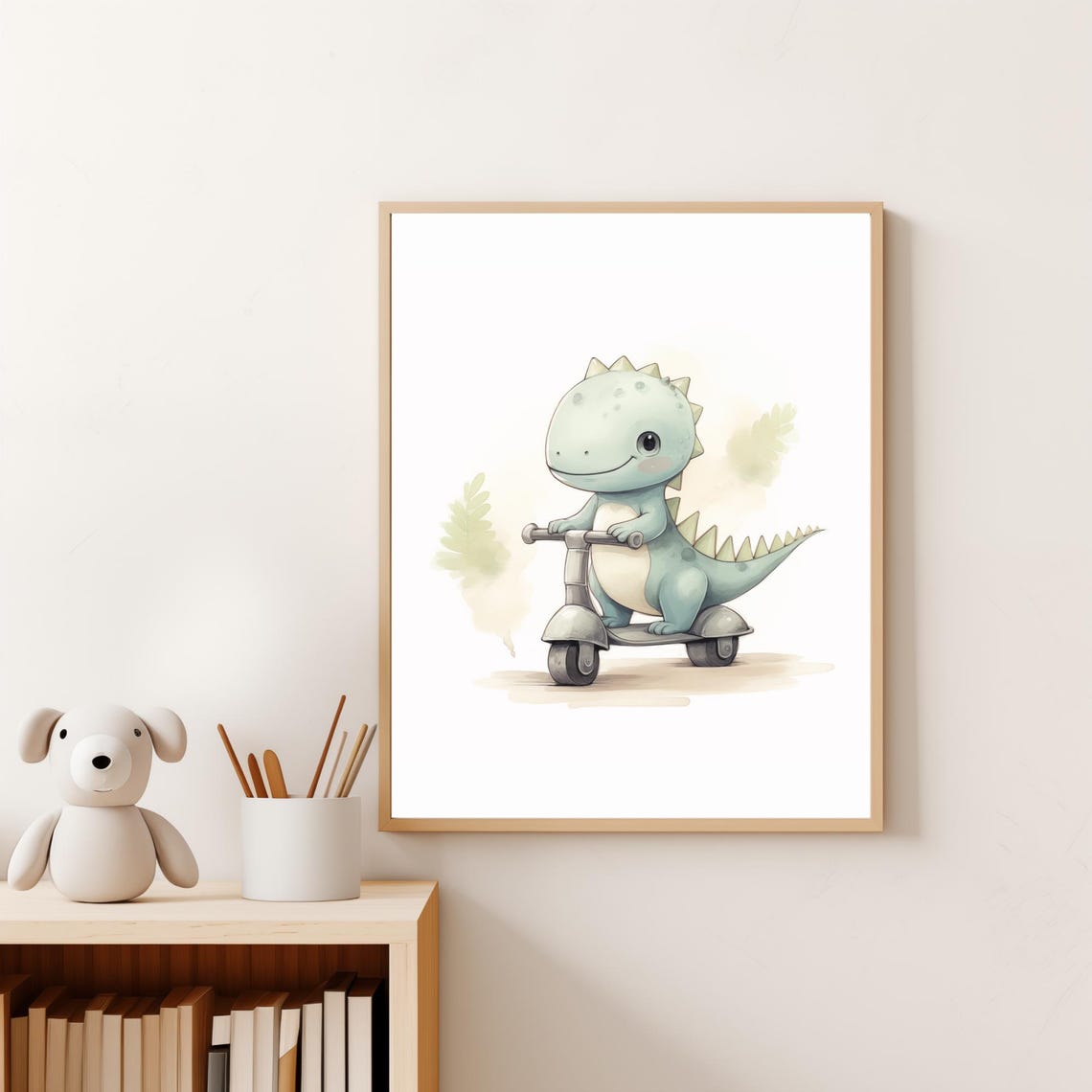 Baby Dinosaur Riding Kick Scooter Cute Watercolor Nursery Wall Art - Image 3