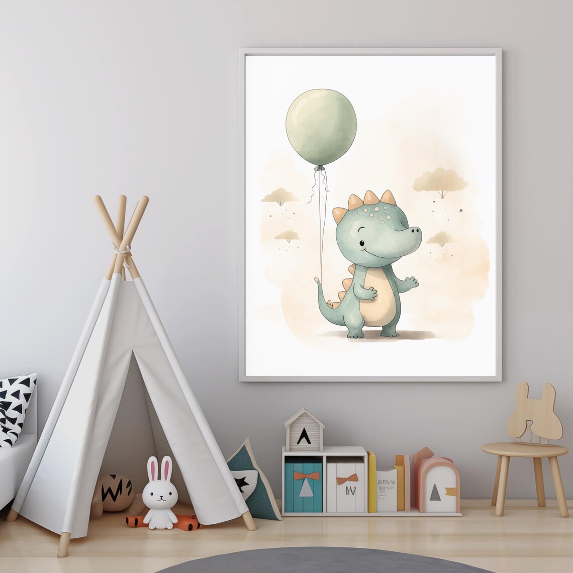 Cute Baby Dinosaur Balloon Watercolor Nursery Kids Room Wall Poster - Image 4