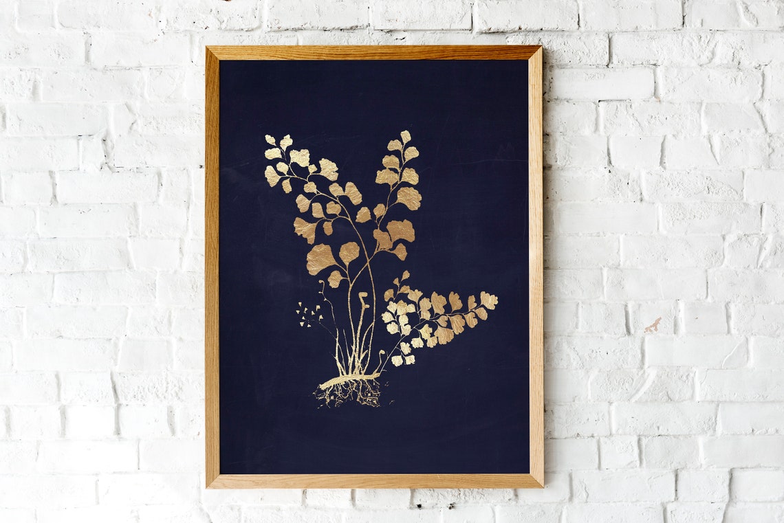 Gold Fern Leaf Dark Navy Botanical Watercolor Metallic Art Print