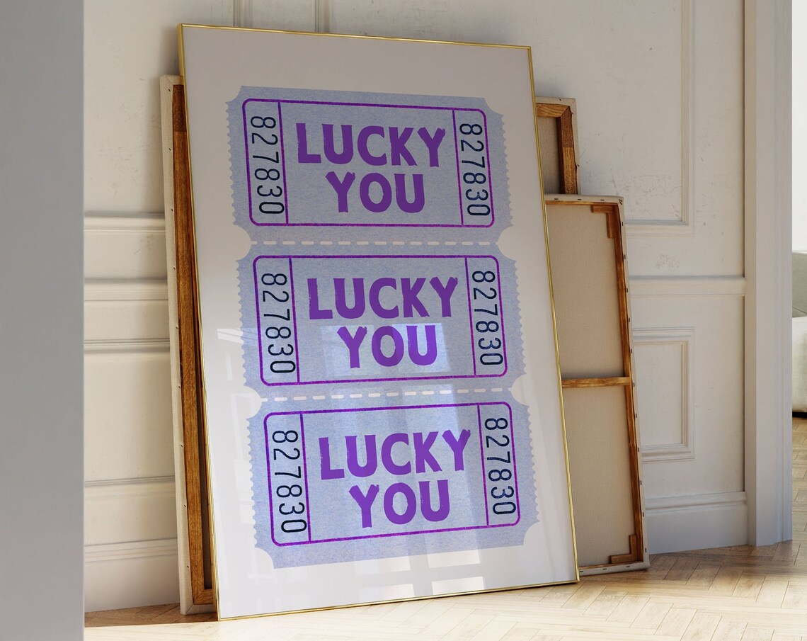 Lucky You Retro Raffle Ticket Typography Blue Trendy Wall Art