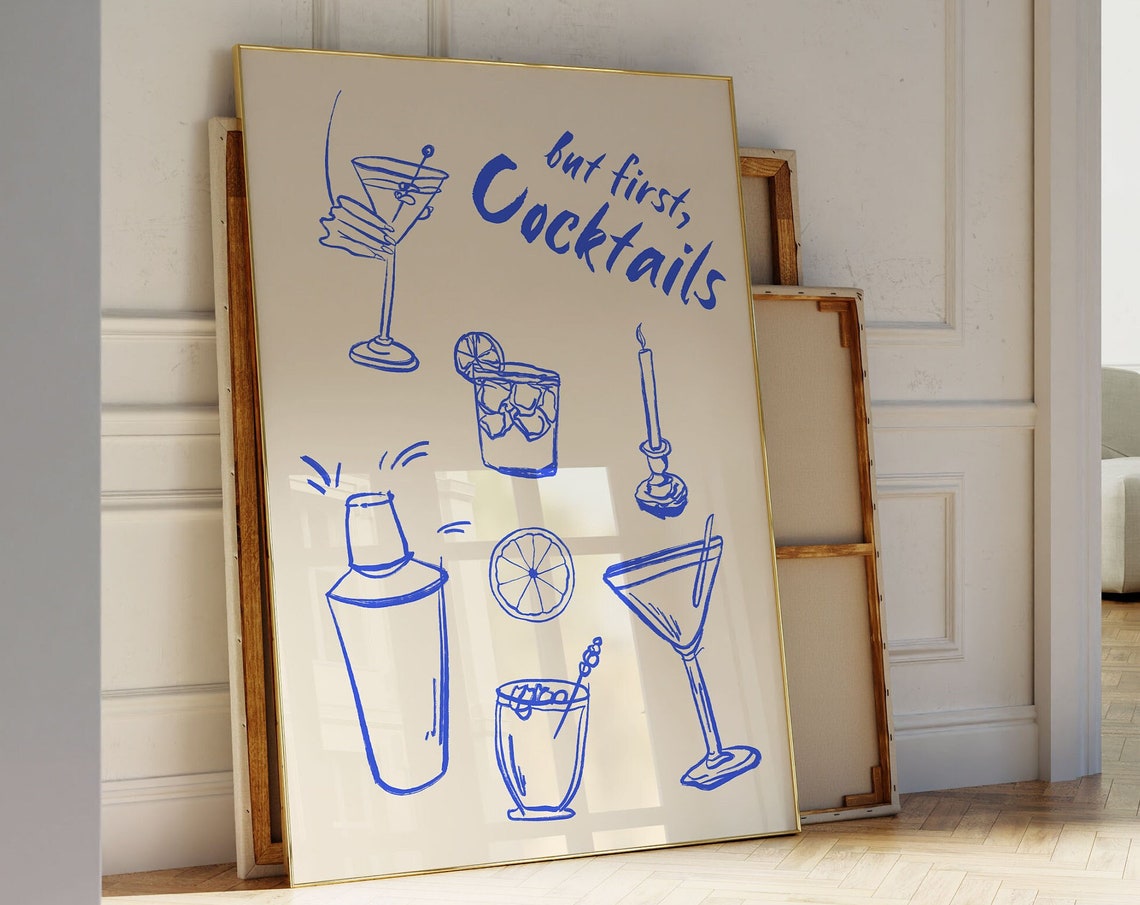 But First Cocktails Blue Line Art Bar Cart Decor Quote Poster
