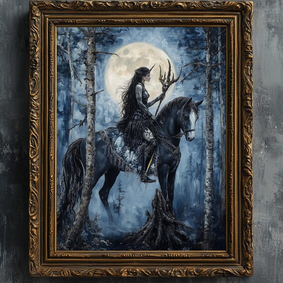 Unicorn Girl On Black Horse Moonlit Enchanted Forest Night Print