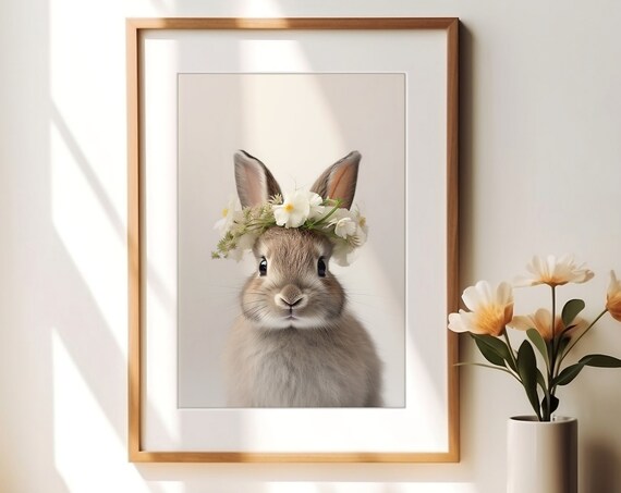 Adorable Bunny With White Floral Crown Nursery Wall Decor Poster