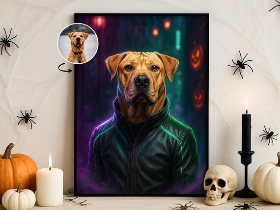 Halloween Custom Pet Portrait Neon Haunted Alley Wall Art Spooky Dog Cat Poster