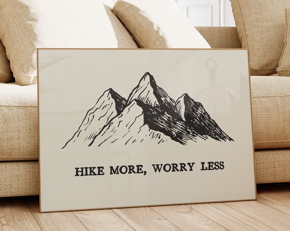 Hike More Worry Less Mountain Sketch Vintage Hiker Quote Poster