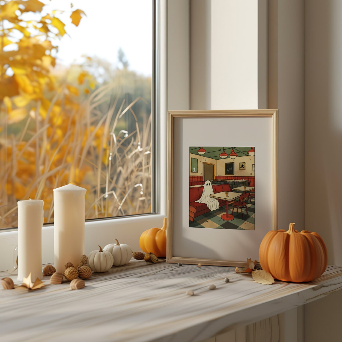 Ghost Sitting Alone In A Retro Diner Halloween Night Art Poster - Image 3