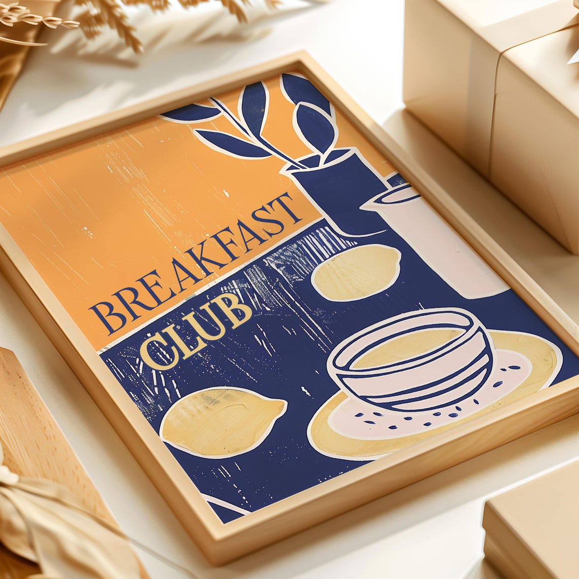 Breakfast Club Retro Orange Navy Kitchen Still Life Art Poster - Image 3