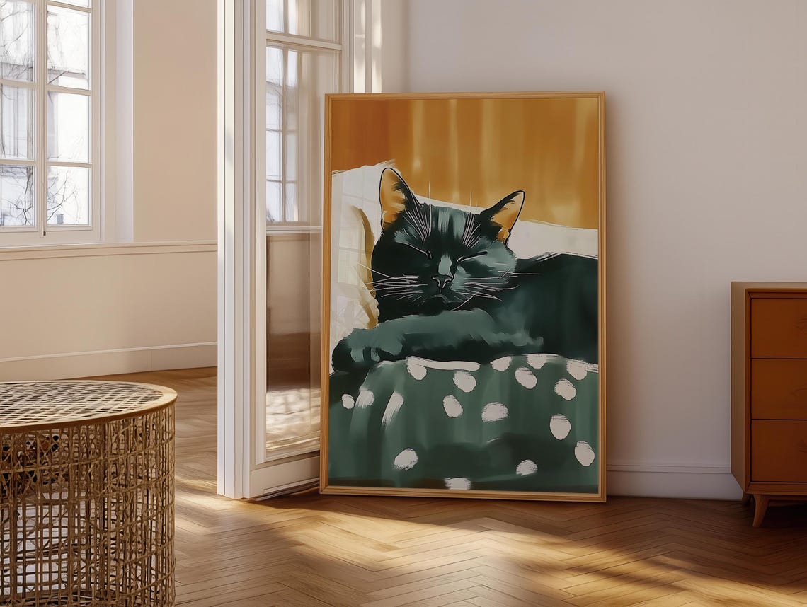 Sleeping Black Cat Under Polka Dot Blanket Golden Glow Poster - Image 6