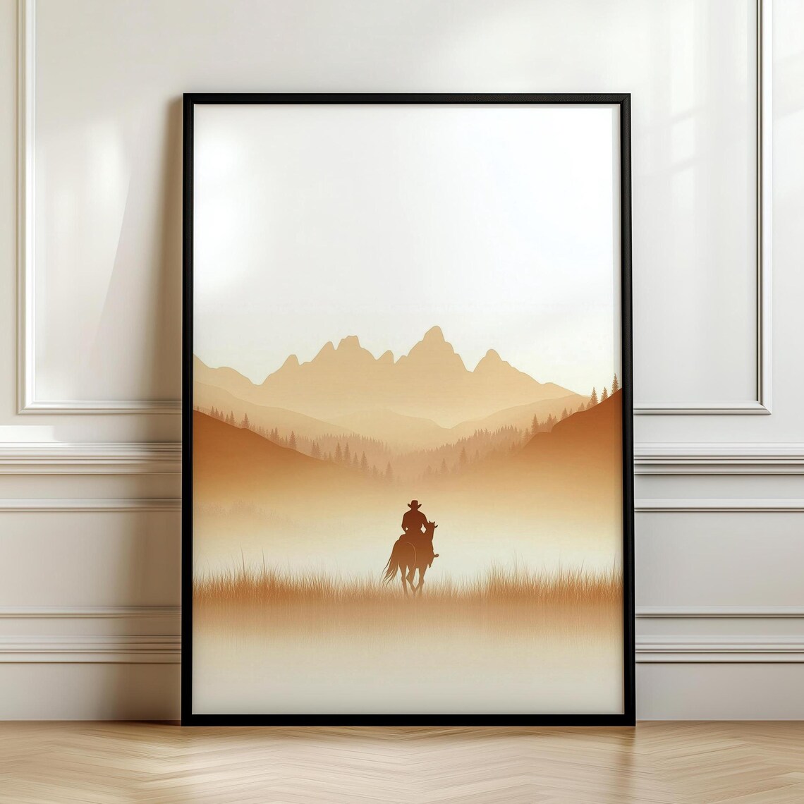 Lone Cowboy Riding Through a Misty Golden Mountain Valley Poster