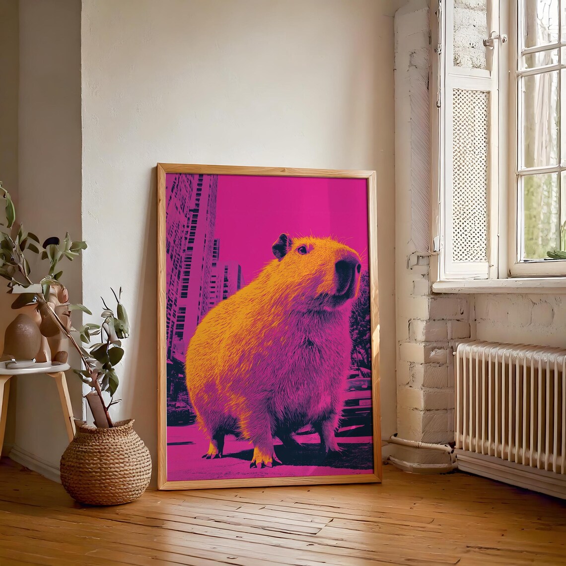 Magenta Orange Capybara Close-Up City Background Pop Art Poster - Image 3