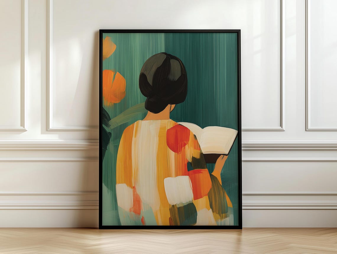 Woman With Bob Haircut Reading Colorful Back View Art Poster - Image 7