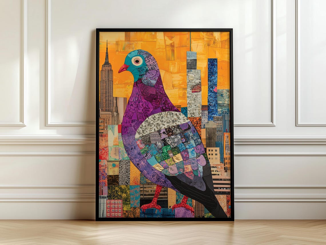 Patchwork Collage Pigeon Over New York City Skyline Art Poster - Image 7