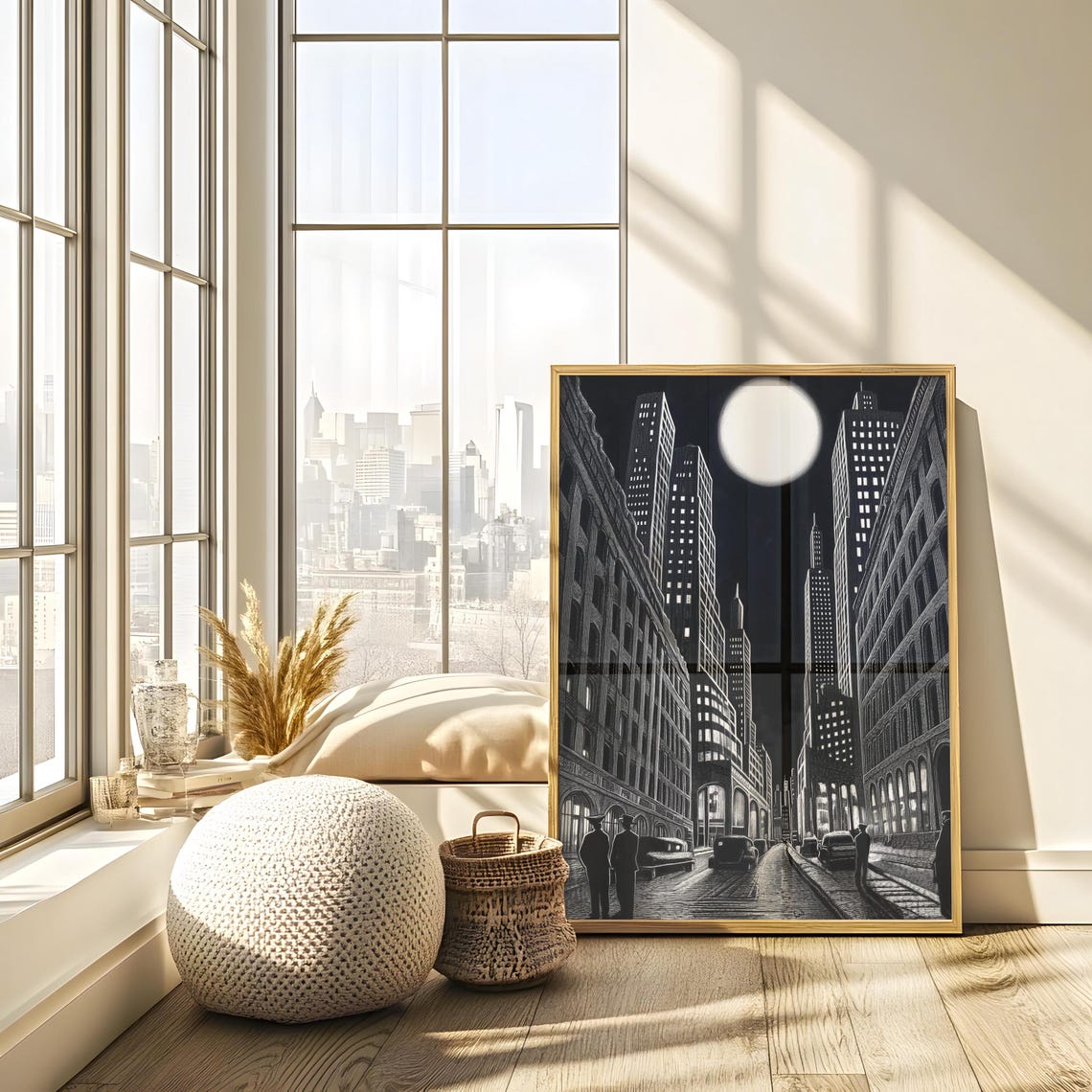 Gothic City Street Under a Giant Full Moon Ink Drawing Poster - Image 3