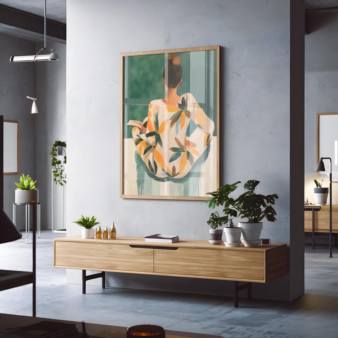 Woman With Bun Reading in Leafy Robe Back View Painterly Poster - Image 3