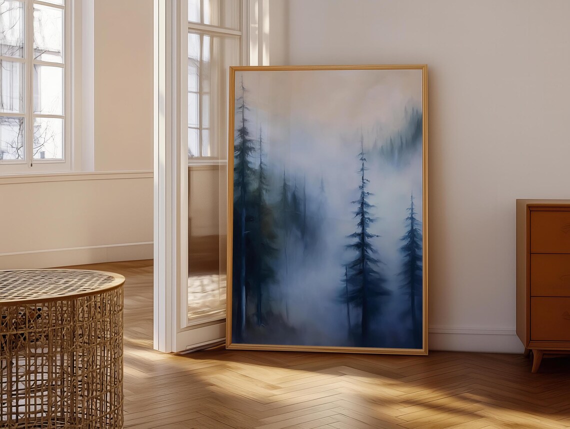 Foggy Mountain Pine Tree Wall Art Moody Vintage Forest Painting Rustic Masculine Wall Hanging Art - Image 6