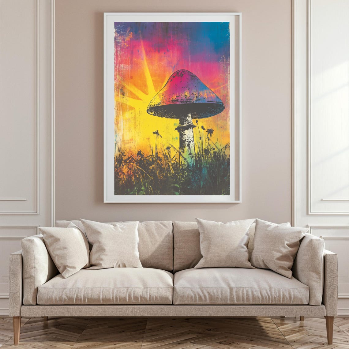 Mushroom Silhouette Against Rainbow Sunrise Psychedelic Art Poster - Image 2
