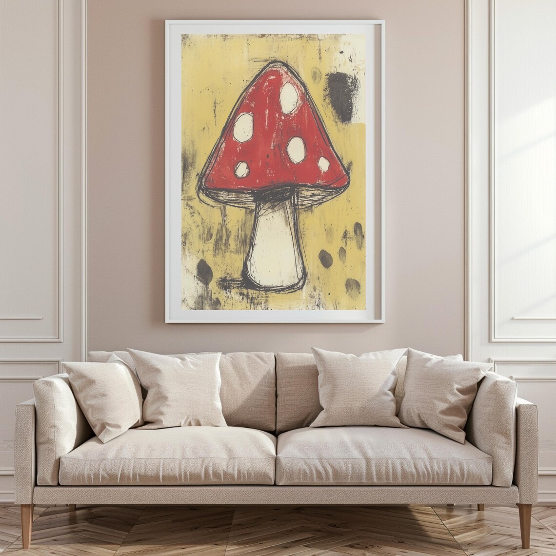 Sketchy Red Spotted Mushroom on Mustard Grunge Background Poster - Image 6