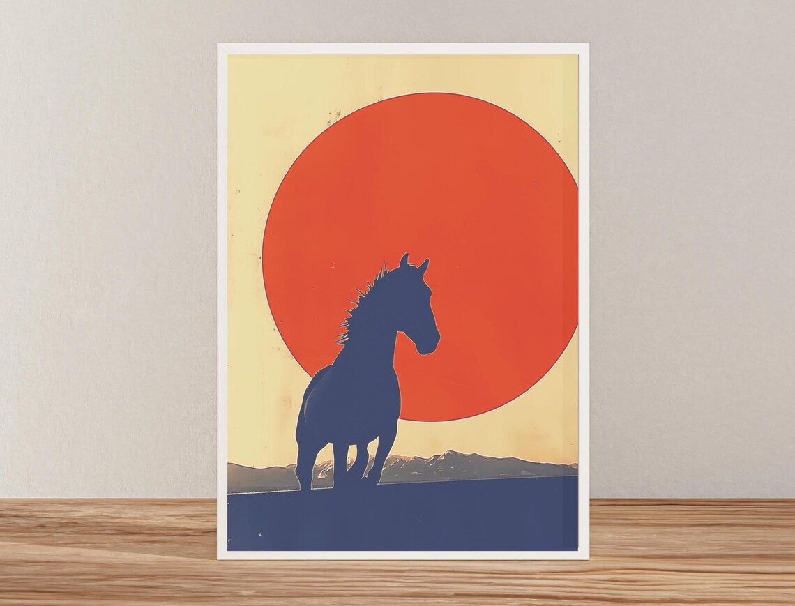 Horse Silhouette Against Giant Orange Sun at Dusk Wildlife Art Poster