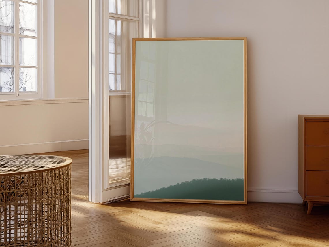 Green Mountain Valleys Wall Hanging Sage Green Lime Cream Art Minimalist Peaceful Foggy Scenery - Image 6