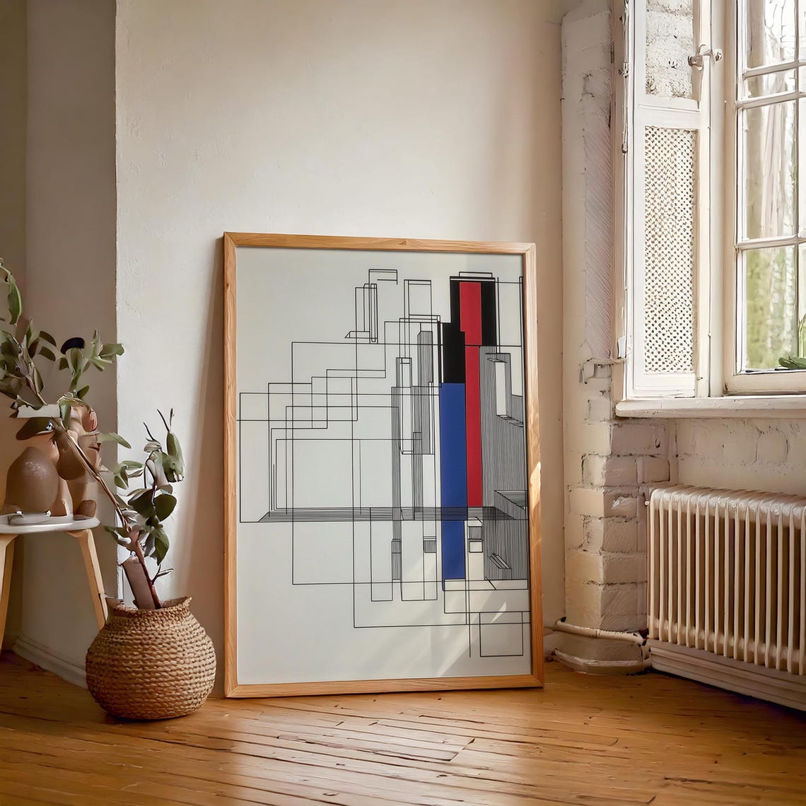 Bauhaus Geometric Skyline Line Art with Red Blue Bars Poster - Image 5