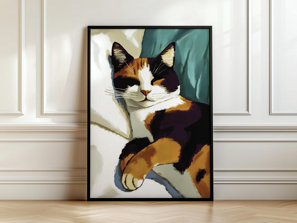Sleeping Calico Cat Portrait Teal Background Soft Painterly Poster - Image 7