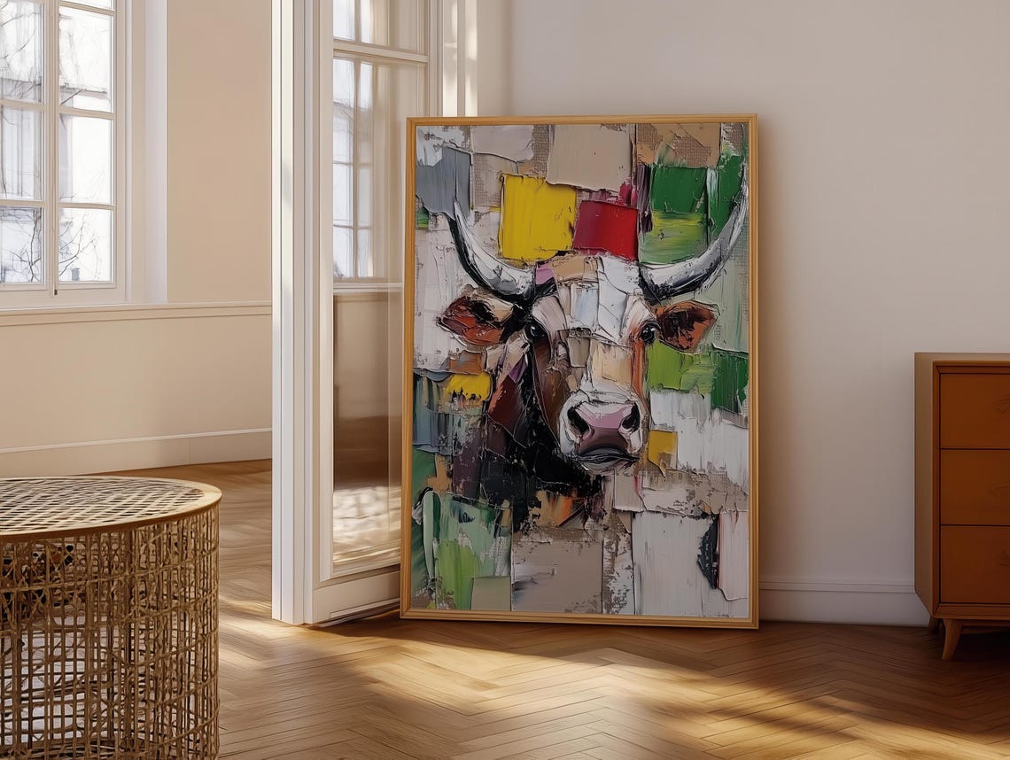 Abstract Impasto Longhorn Steer in Grays and Bold Reds Poster - Image 6