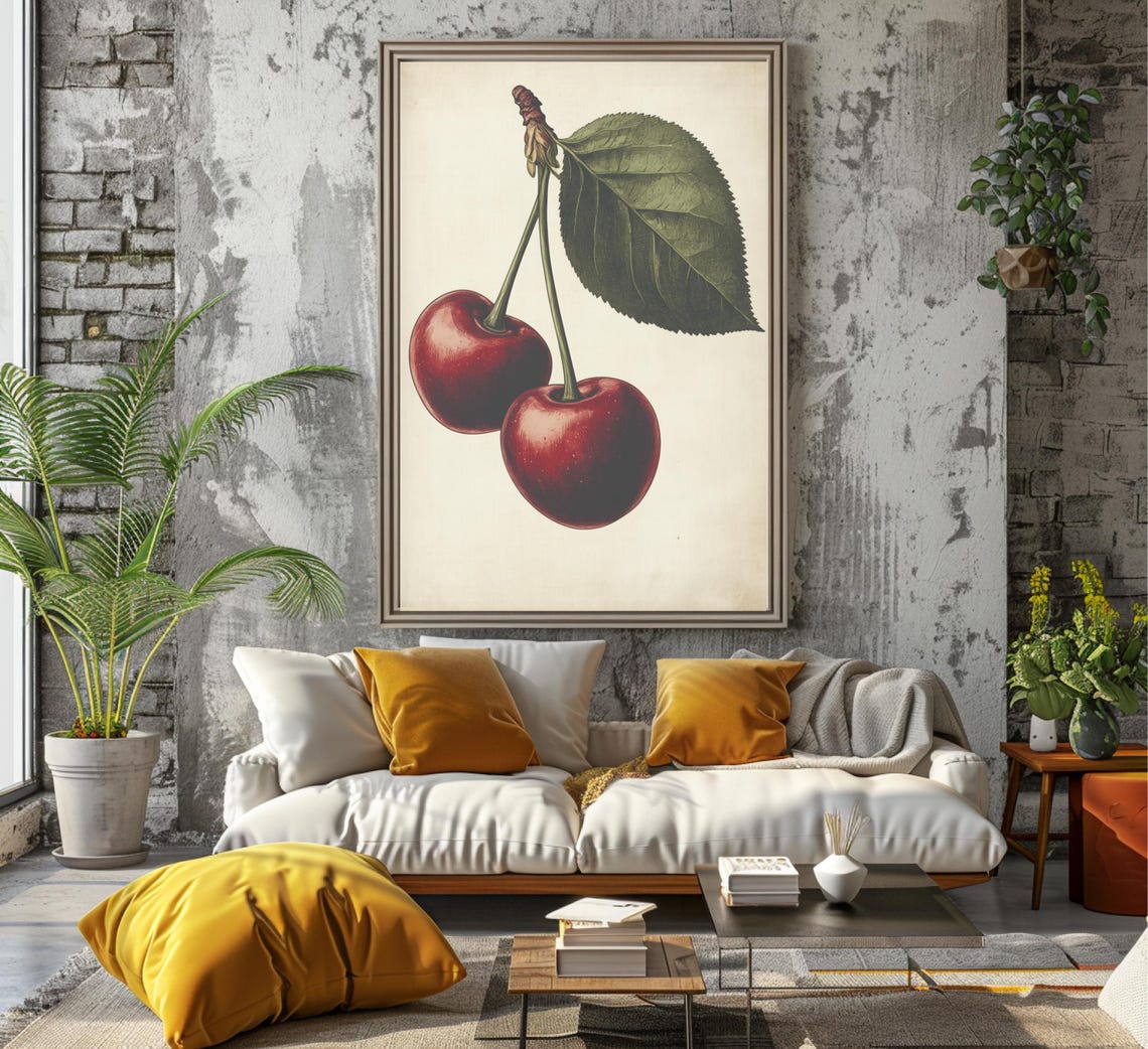 Botanical Two Cherries With Green Leaf Vintage Style Art Poster - Image 7