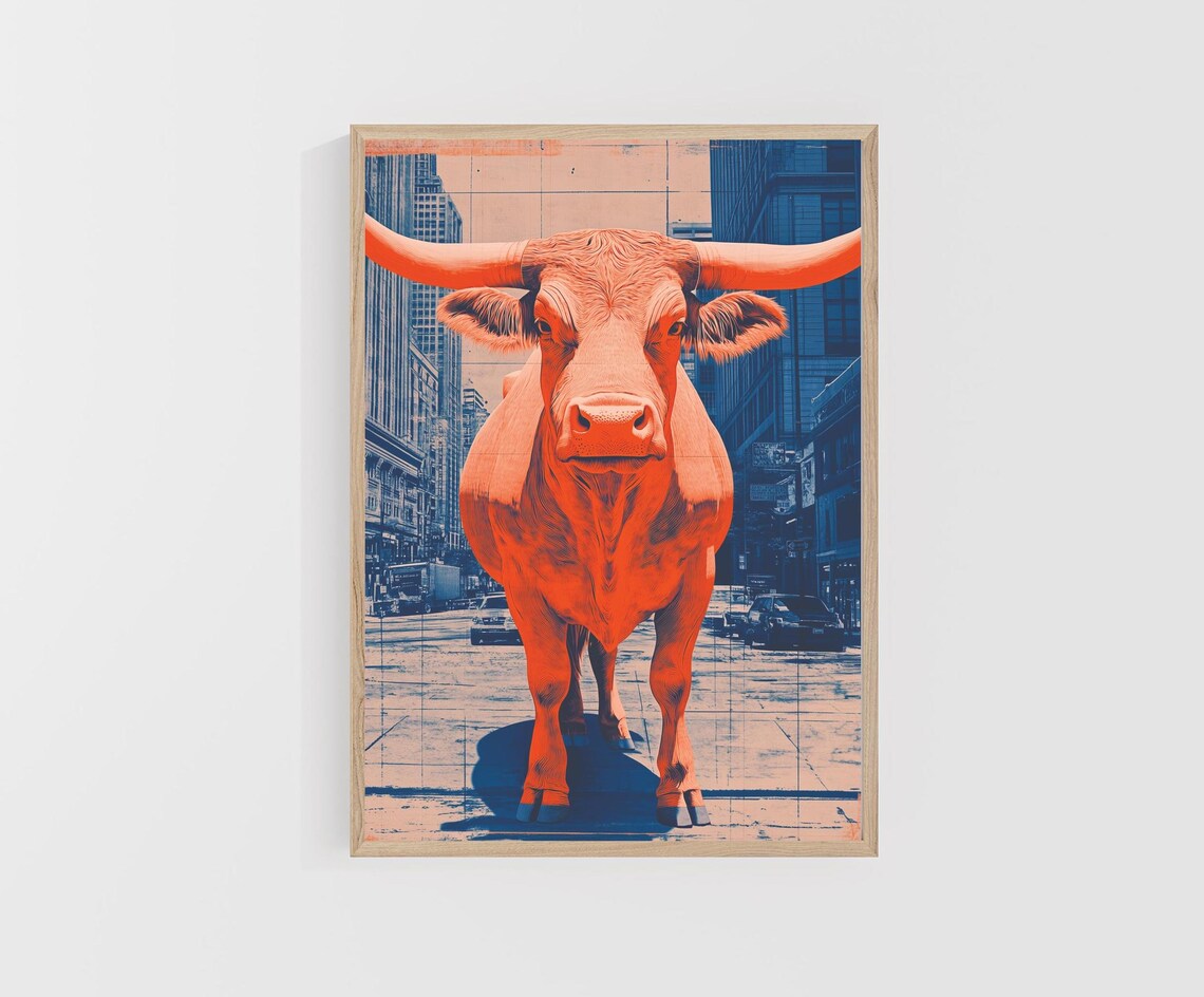 Bold Orange Longhorn Cow on City Street Urban Western Art Poster - Image 5
