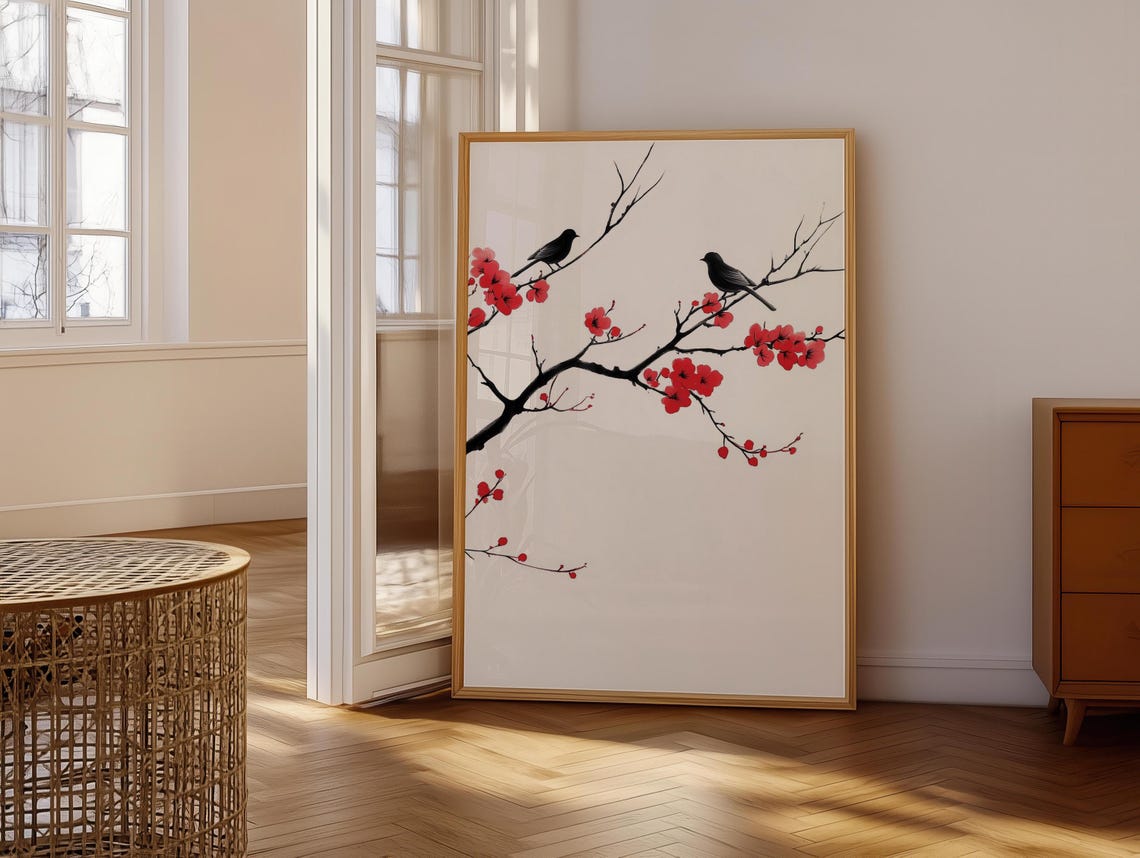 Two Black Birds Ink Painting Perched On Red Blossom Branches Poster - Image 6