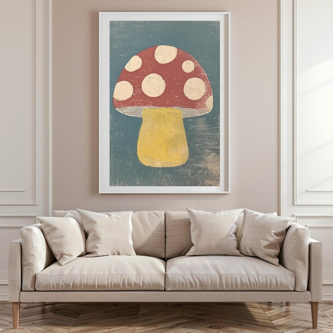 Woodblock Red Spotted Mushroom on Slate Blue Vintage Art Poster - Image 6