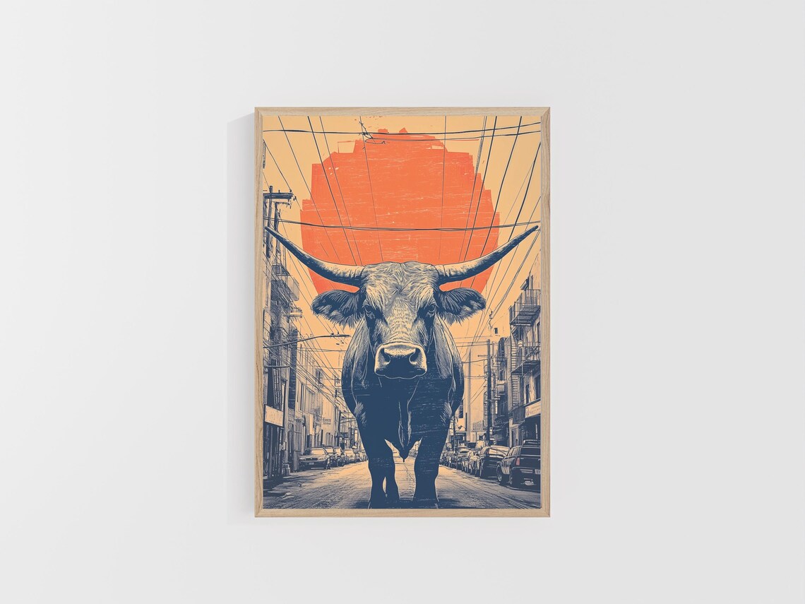Longhorn Cow Under Giant Orange Sun City Street Western Art Poster - Image 6