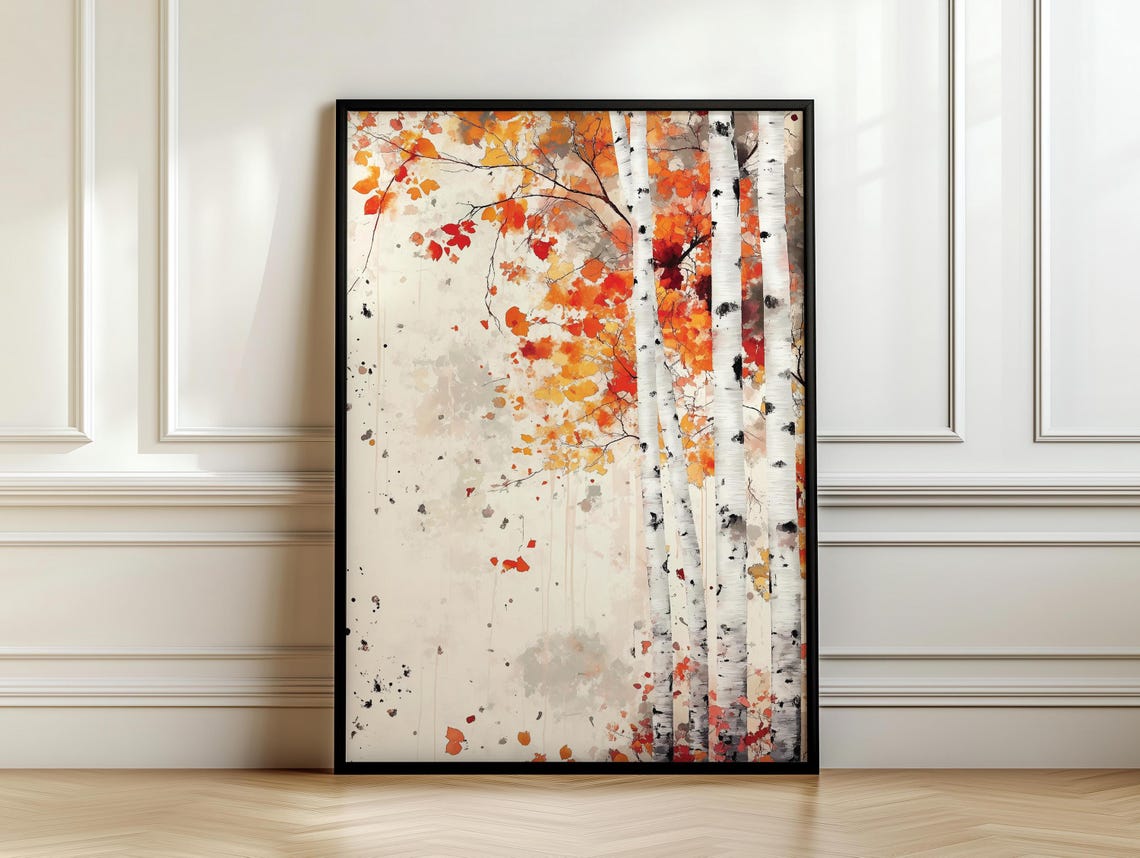 White Birch Trees Fiery Autumn Canopy Paint Splatter Art Poster - Image 7