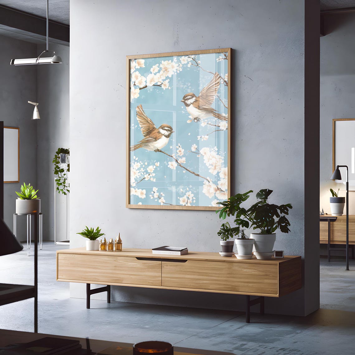 Two Birds Wings Spread White Cherry Blossoms Sky Blue Poster - Image 3