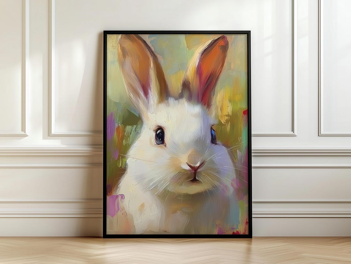 White Rabbit Portrait on Pastel Abstract Background Bunny Poster - Image 7