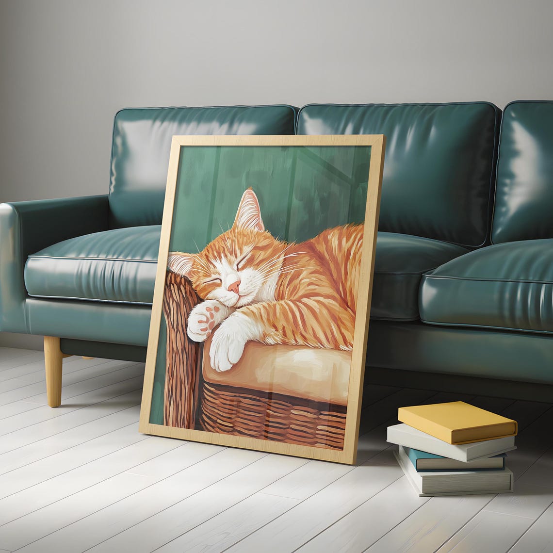 Sleeping Orange Tabby Cat on Wicker Basket Cozy Green Poster - Image 4
